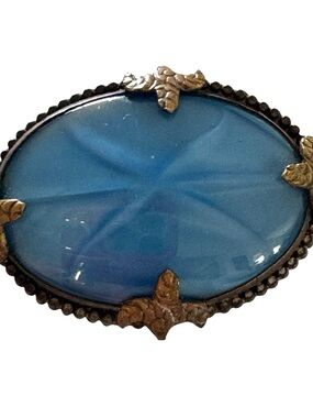 Vintage Germany Blue Marble Glass Cabochon Brass Brooch Pin Old
